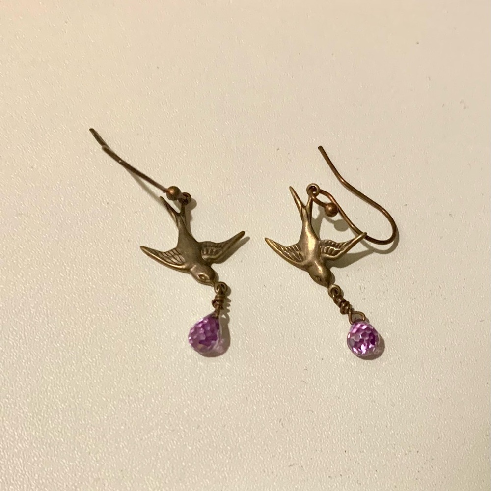 Brass Bird Earrings with Amethyst